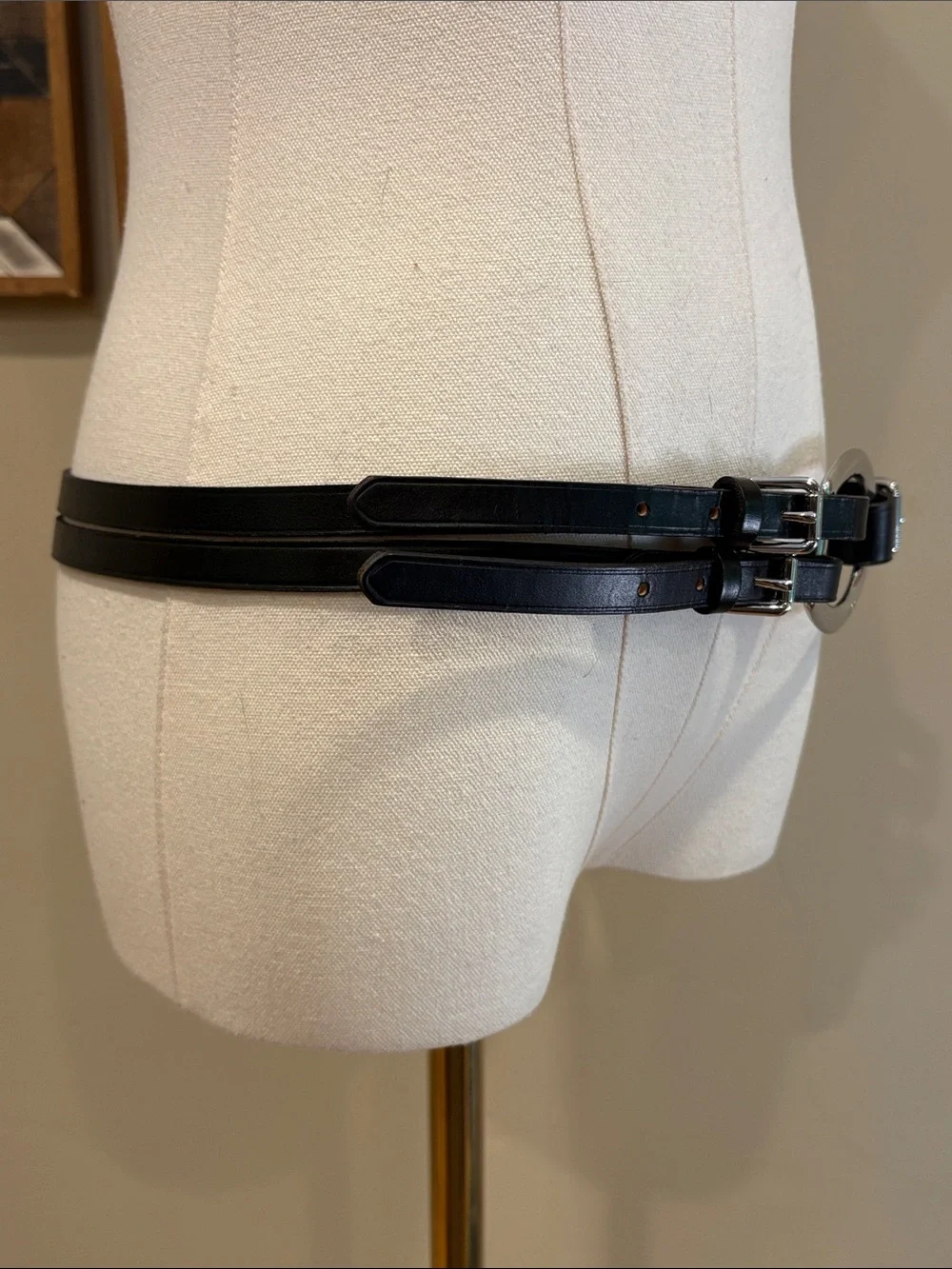 Lauren Ralph Lauren Black Leather Double-strap Belt with Silver Oval Buckle